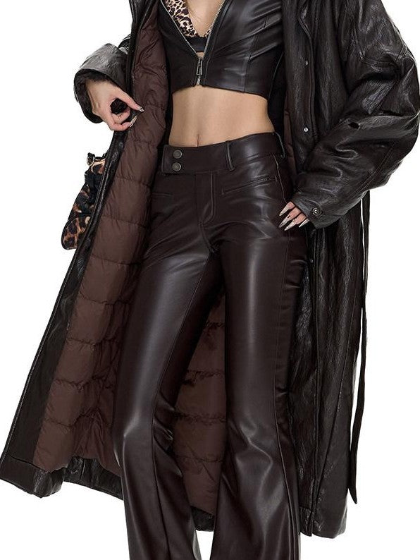 Fanptntox Low Waist Slim Stretch Flared Hip Hugging Women's Pu Leather Pants