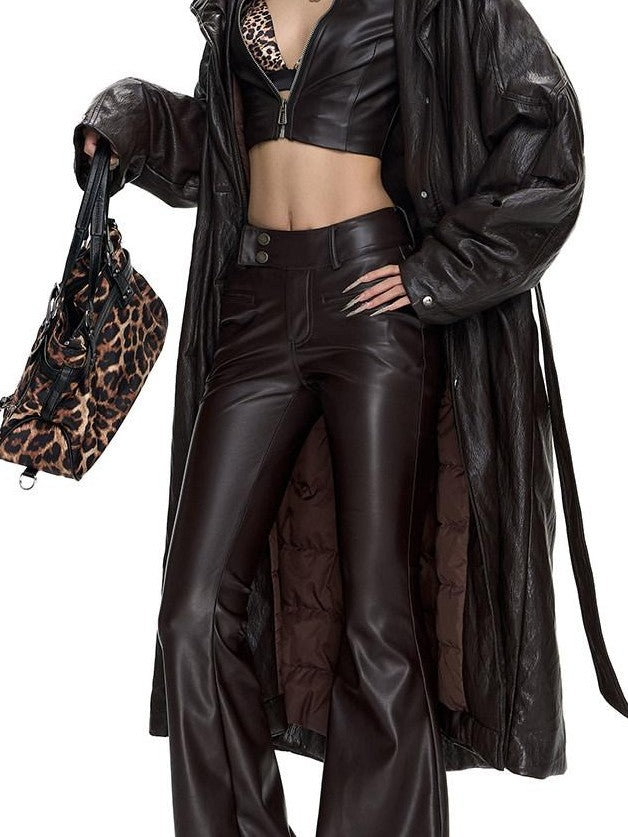 Fanptntox Low Waist Slim Stretch Flared Hip Hugging Women's Pu Leather Pants