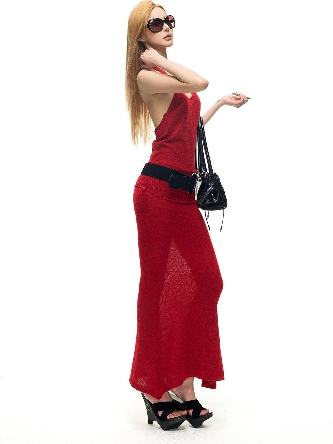 Fanptntox Matte Velvet Black Wide Vintage Metal Buckle Hollow Cut Women's Pu Belts
