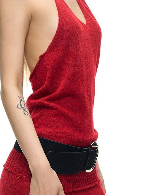Fanptntox Matte Velvet Black Wide Vintage Metal Buckle Hollow Cut Women's Pu Belts