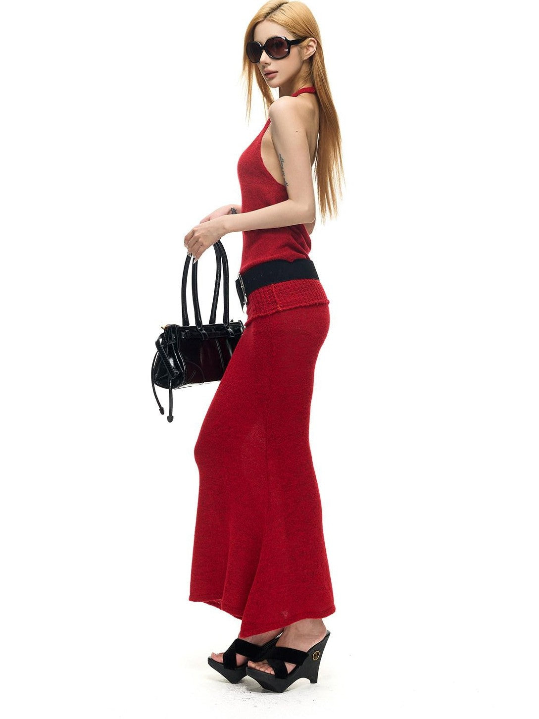 Fanptntox Matte Velvet Black Wide Vintage Metal Buckle Hollow Cut Women's Pu Belts