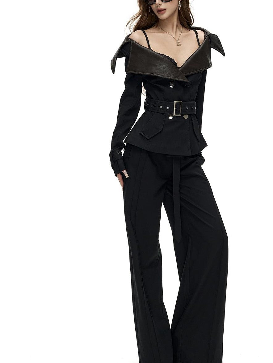 Fanptntox Metal Buckle Ribbon Straight Leg Pleated Women's Lyocell Tailored Pants