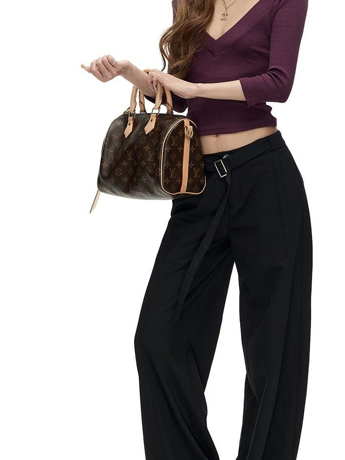 Fanptntox Metal Buckle Ribbon Straight Leg Pleated Women's Lyocell Tailored Pants
