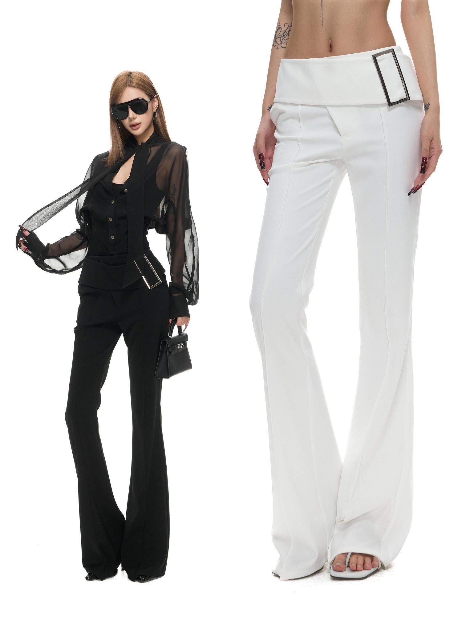 Fanptntox Metal Rectangle Buckle Wide Waist Slight Flare Women's Polyester Tailored Pants