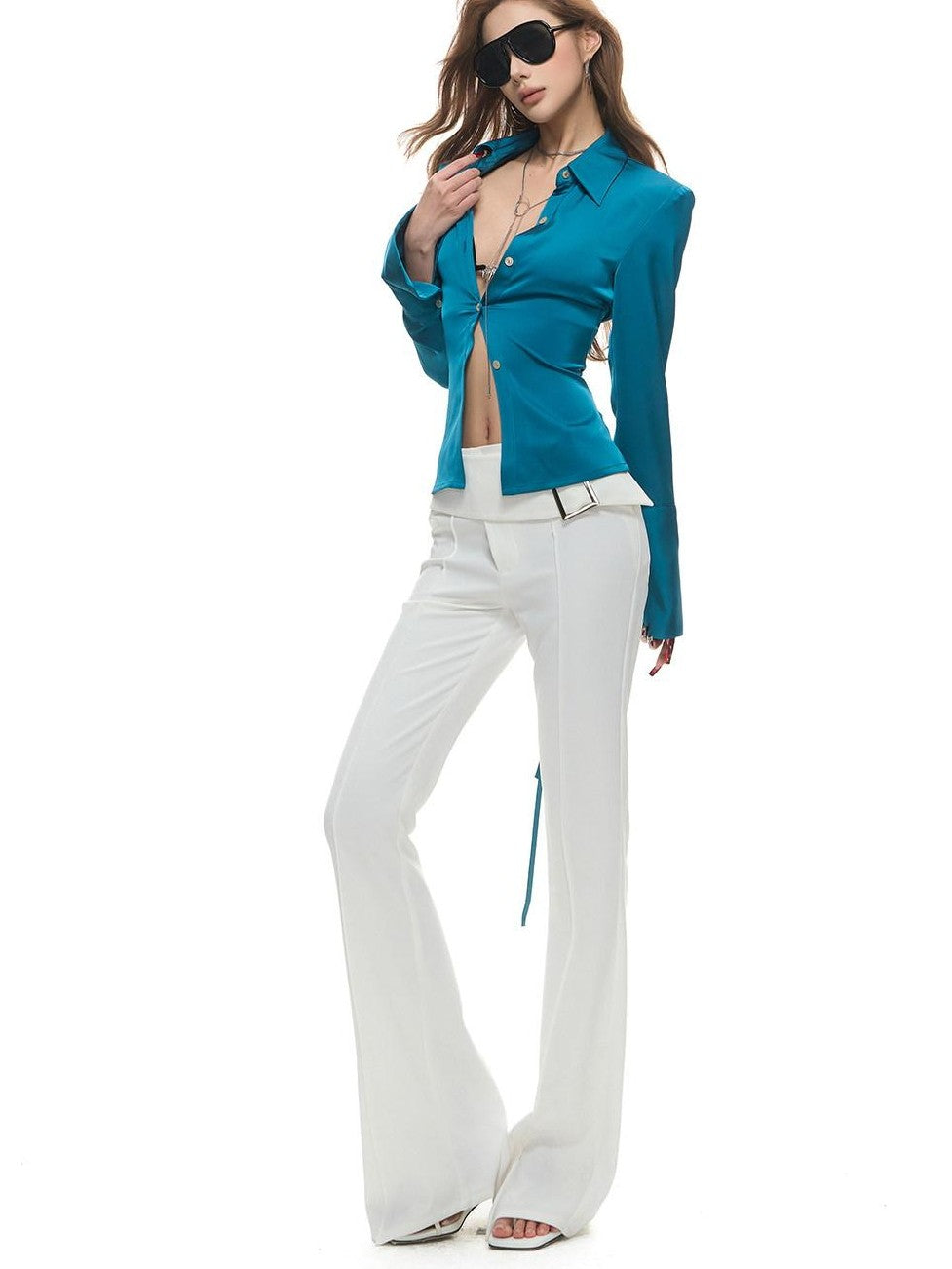 Fanptntox Metal Rectangle Buckle Wide Waist Slight Flare Women's Polyester Tailored Pants