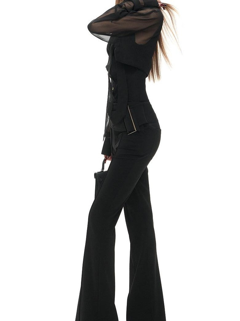 Fanptntox Metal Rectangle Buckle Wide Waist Slight Flare Women's Polyester Tailored Pants