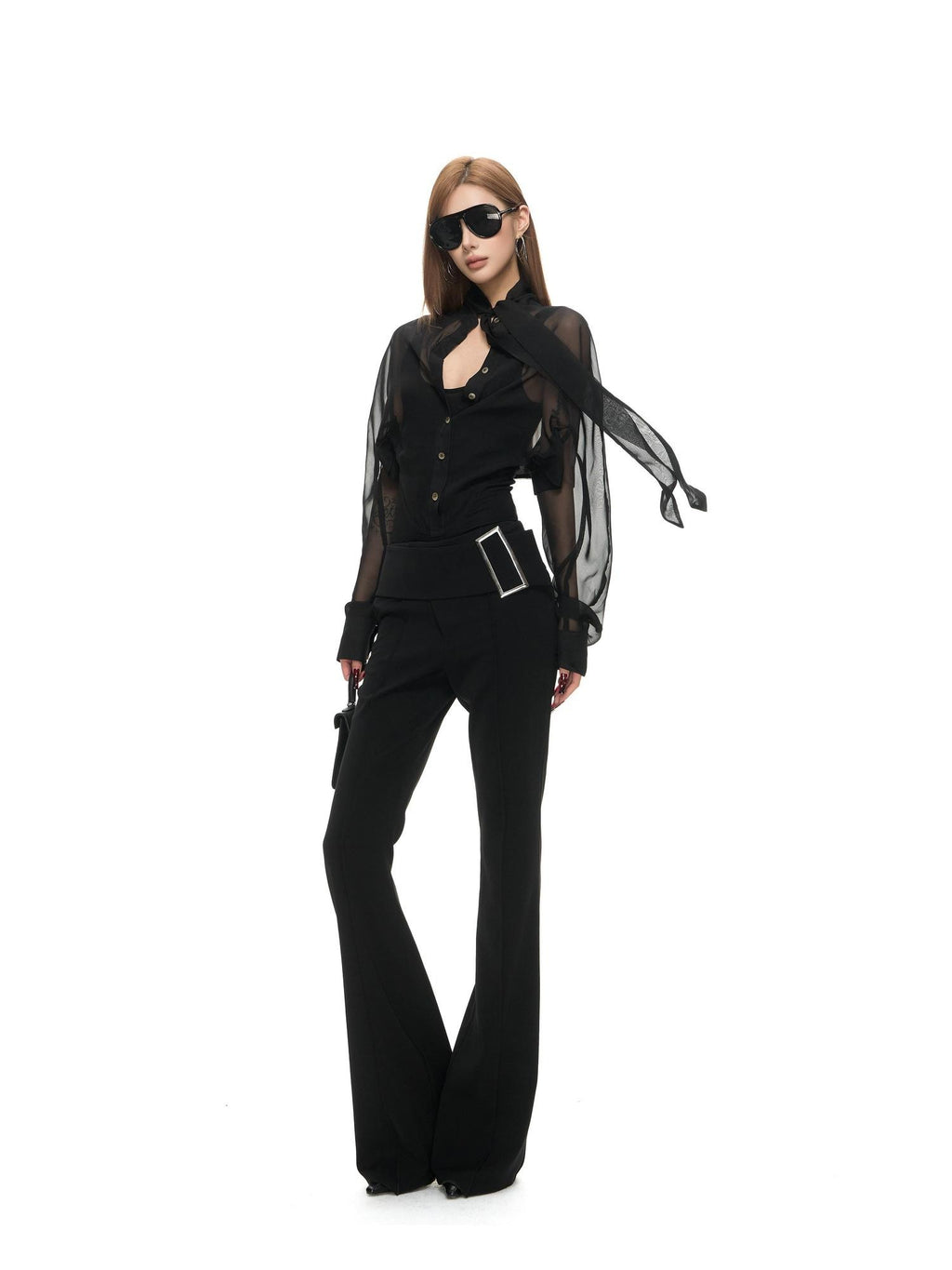 Fanptntox Metal Rectangle Buckle Wide Waist Slight Flare Women's Polyester Tailored Pants
