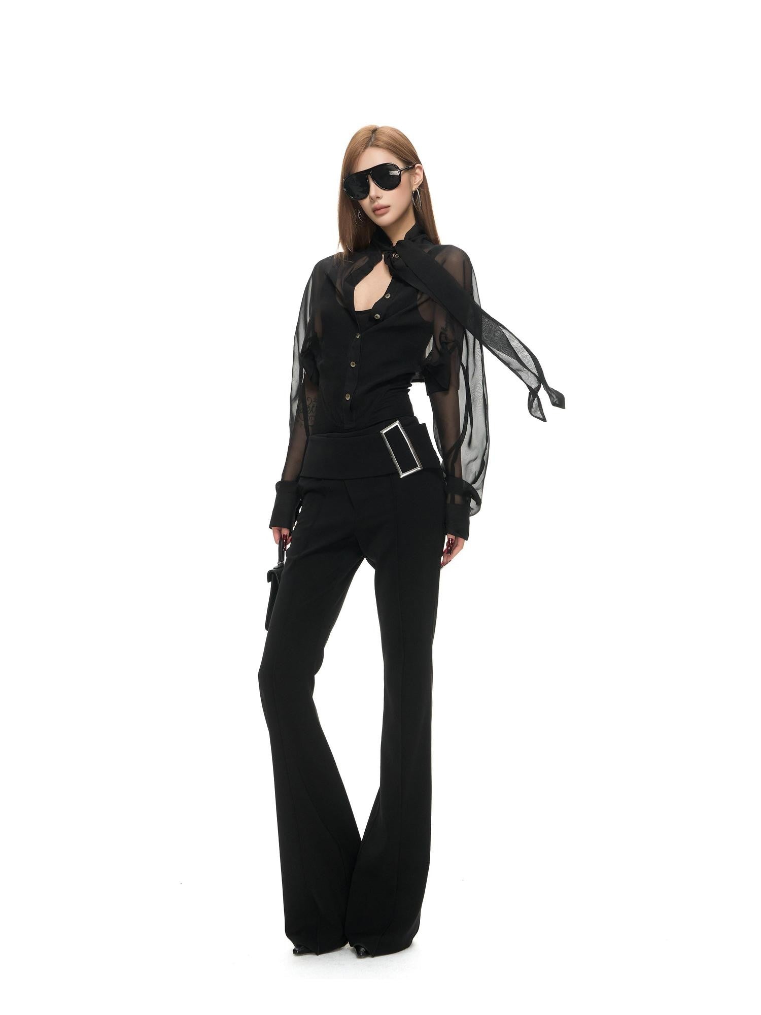 Fanptntox Metal Rectangle Buckle Wide Waist Slight Flare Women's Polyester Tailored Pants