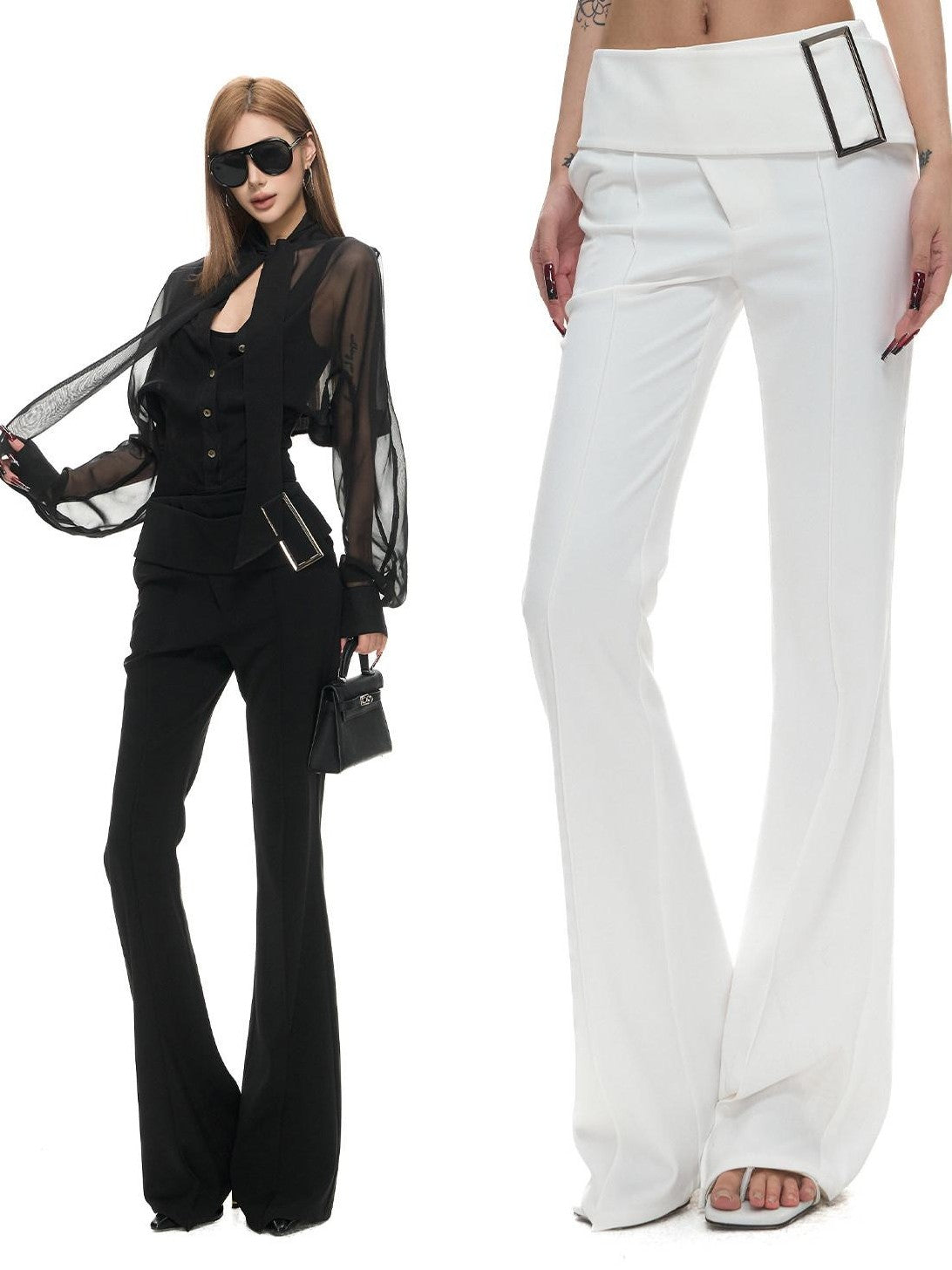 Fanptntox Metal Rectangle Buckle Wide Waist Slight Flare Women's Polyester Tailored Pants