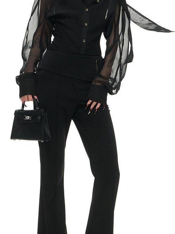Fanptntox Metal Rectangle Buckle Wide Waist Slight Flare Women's Polyester Tailored Pants