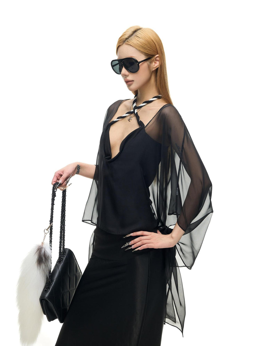 Fanptntox Micro Mesh Knot Tie Loose Mid Length Women's Polyester Sheer Shirts