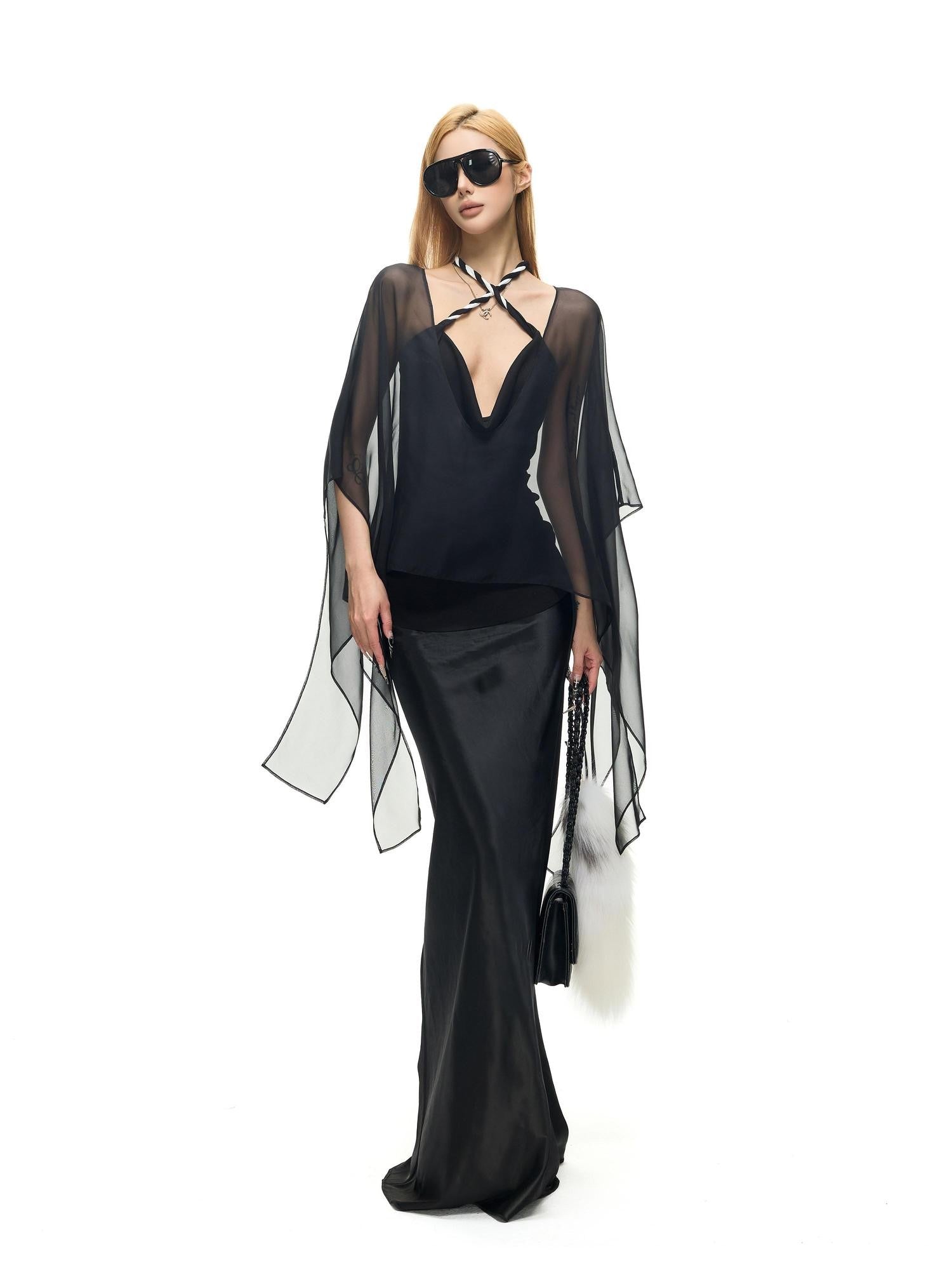 Fanptntox Micro Mesh Knot Tie Loose Mid Length Women's Polyester Sheer Shirts