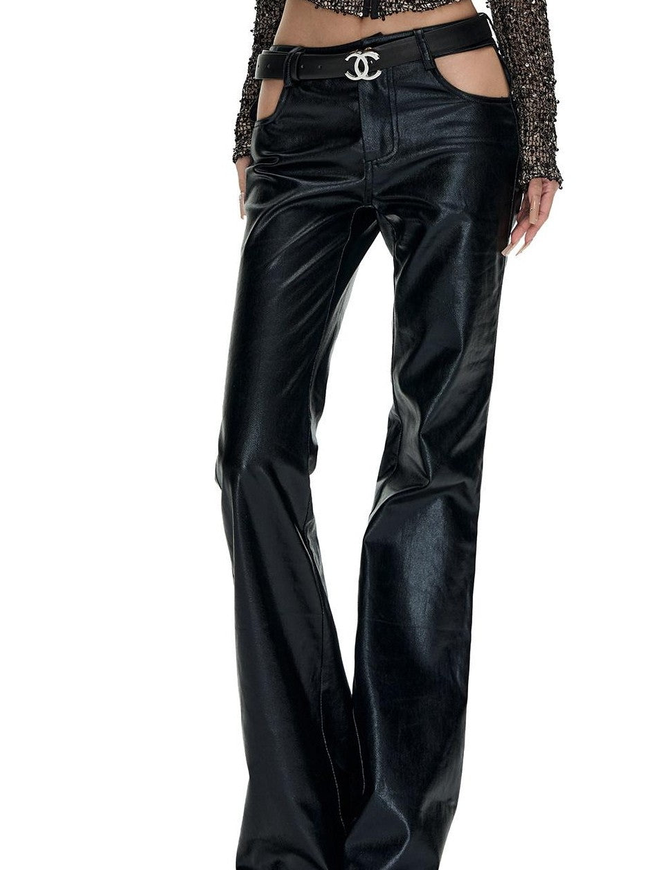 Fanptntox Mid Waist Slim Fit Slight Flare Button Detail Women's Pu Leather Pants