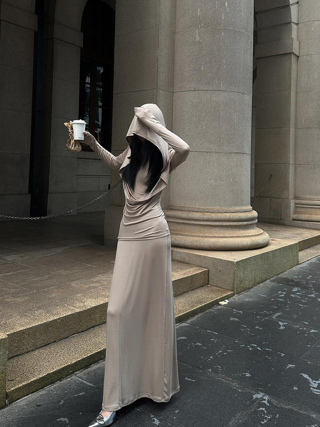 Fanptntox Milk Tea Hooded High Waist Two Piece Long Sleeve Women's Casual Maxi Dresses