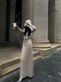 Fanptntox Milk Tea Hooded High Waist Two Piece Long Sleeve Women's Casual Maxi Dresses