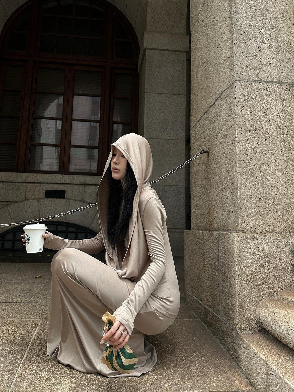 Fanptntox Milk Tea Hooded High Waist Two Piece Long Sleeve Women's Casual Maxi Dresses