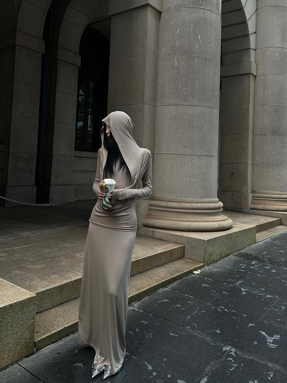 Fanptntox Milk Tea Hooded High Waist Two Piece Long Sleeve Women's Casual Maxi Dresses