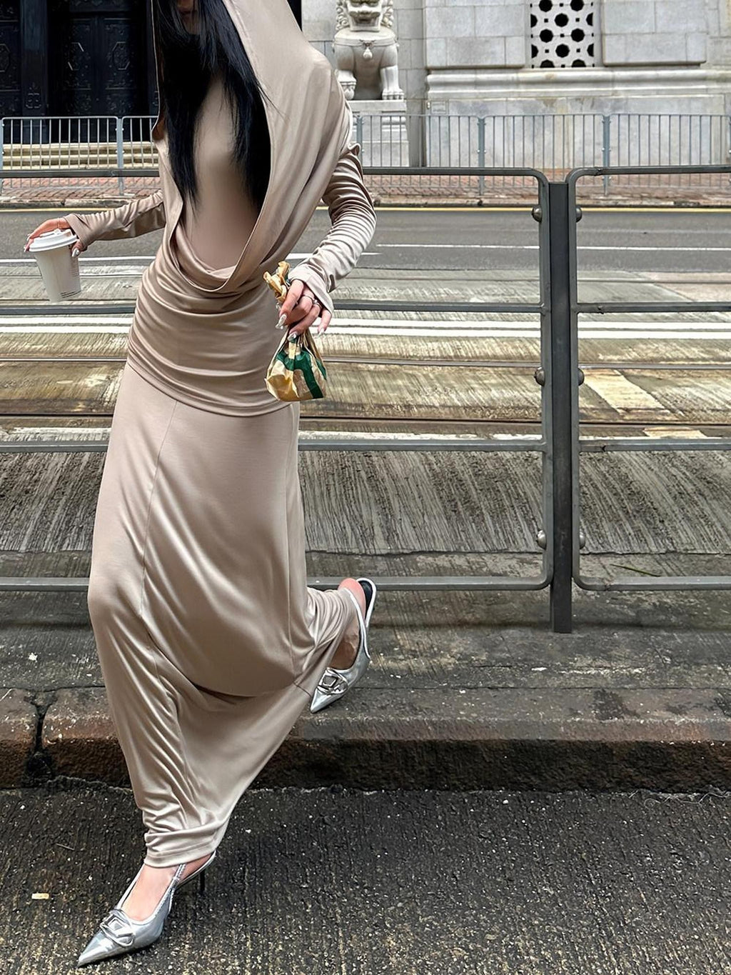 Fanptntox Milk Tea Hooded High Waist Two Piece Long Sleeve Women's Casual Maxi Dresses