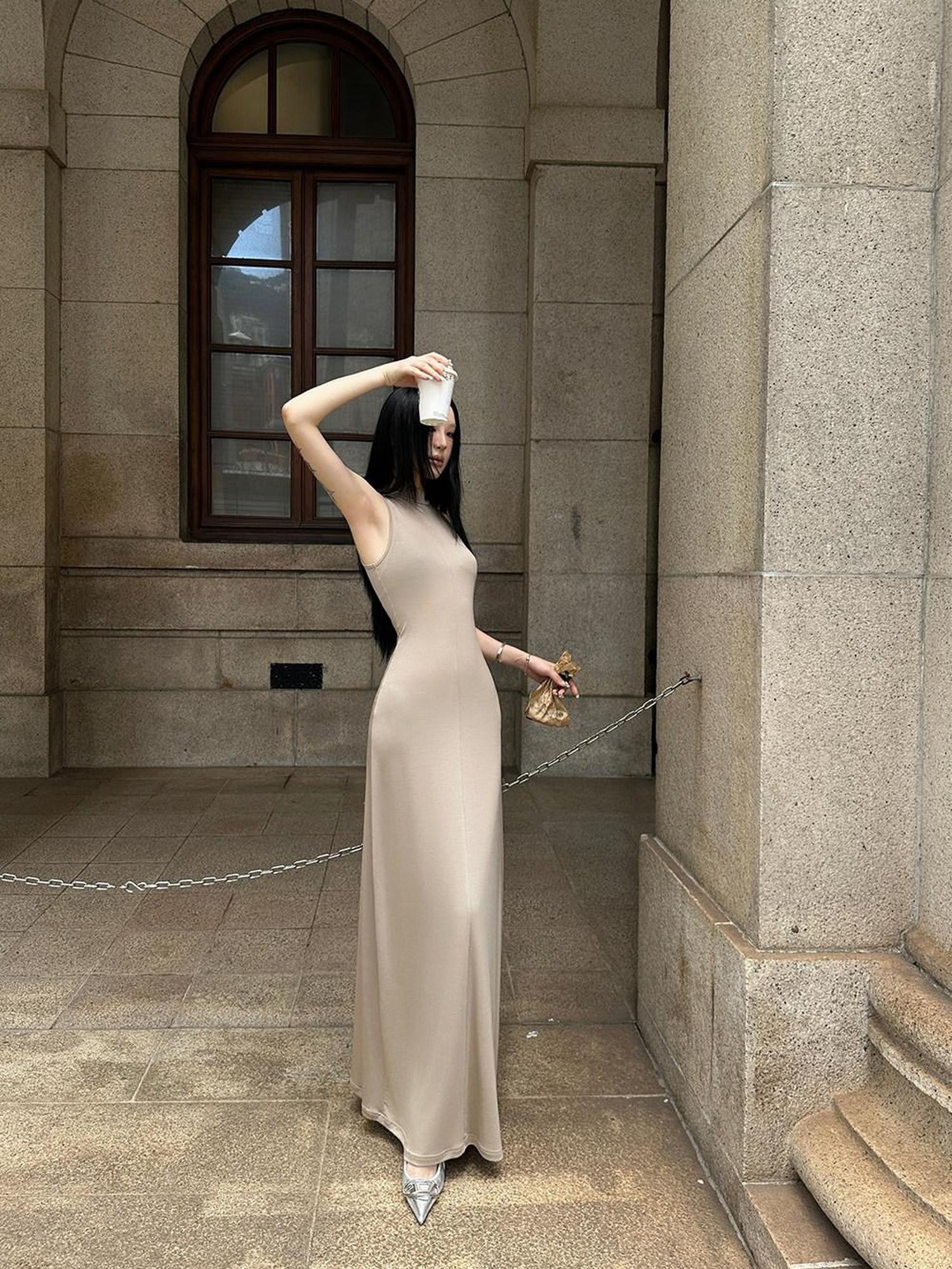 Fanptntox Milk Tea Hooded High Waist Two Piece Long Sleeve Women's Casual Maxi Dresses