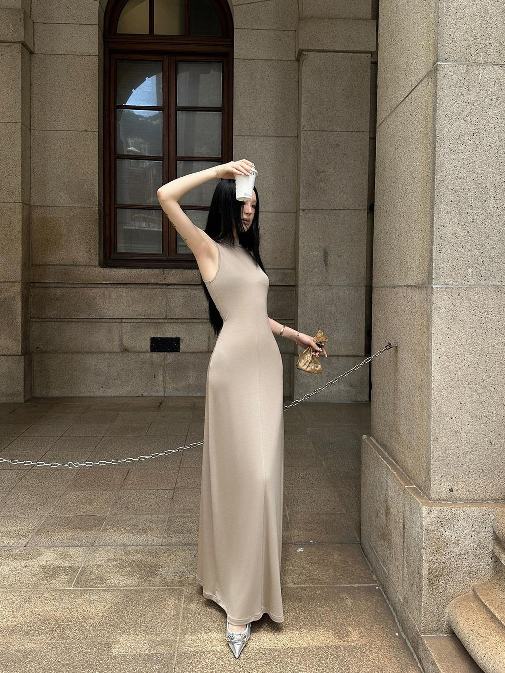 Fanptntox Milk Tea Hooded High Waist Two Piece Long Sleeve Women's Casual Maxi Dresses