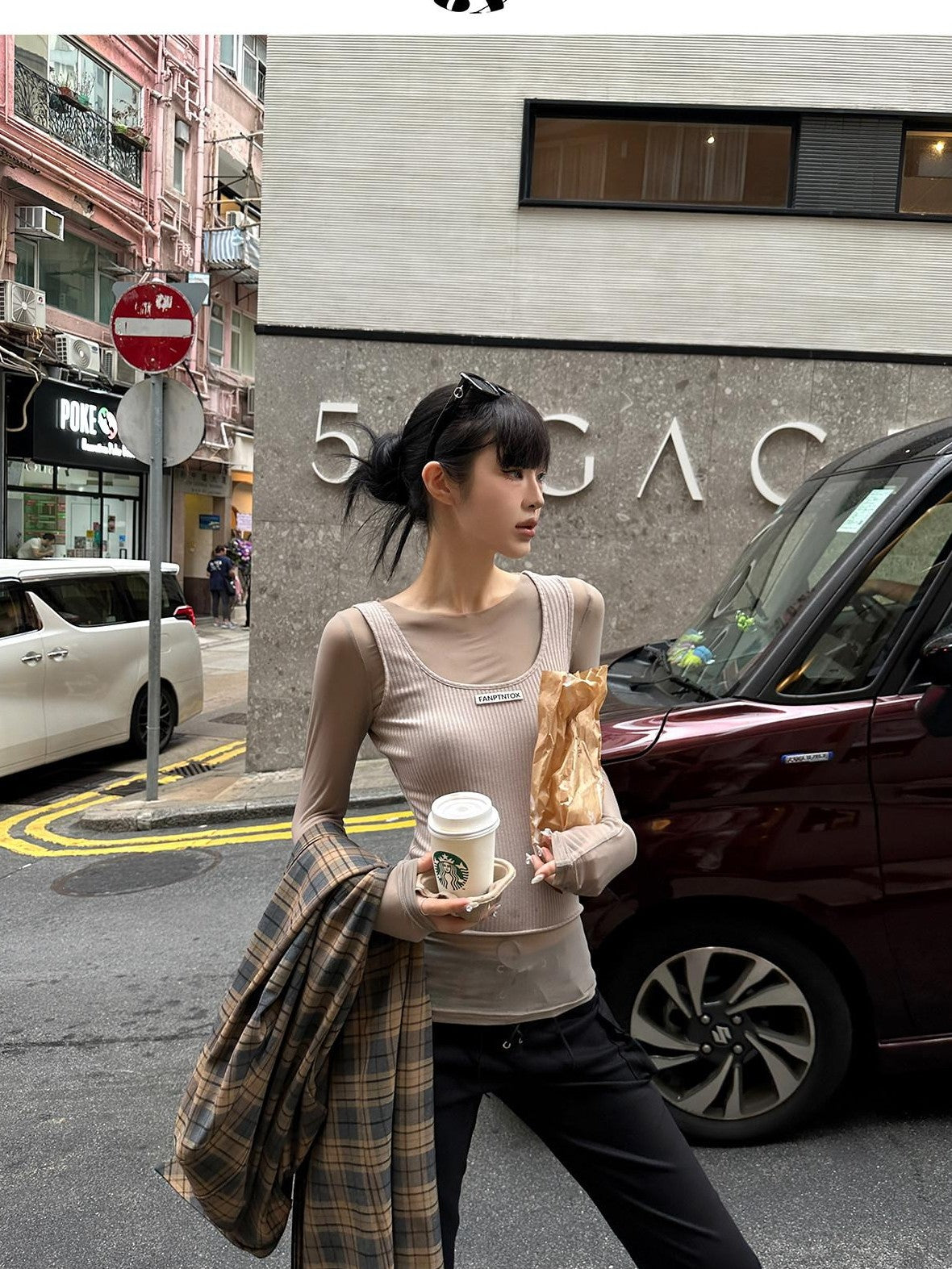 Fanptntox Milk Tea Ribbed Mesh Spliced Faux Two Piece Women's Long Sleeve T-shirts