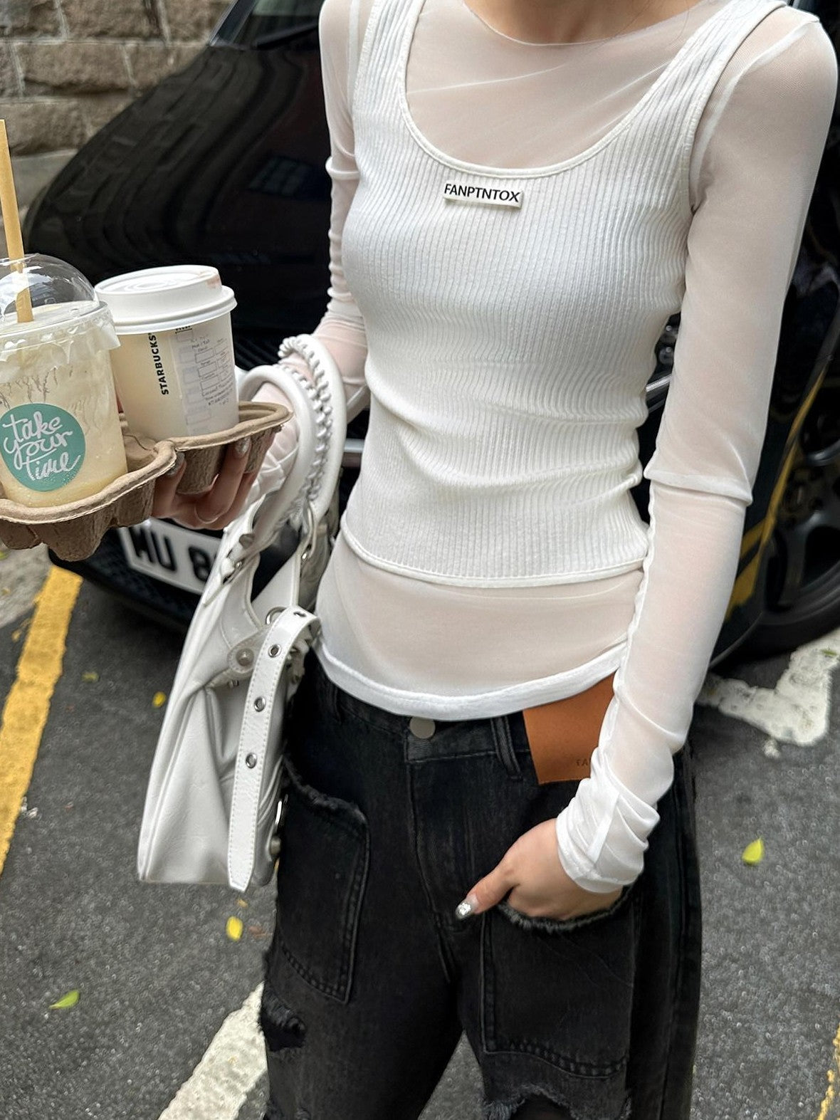 Fanptntox Milk Tea Ribbed Mesh Spliced Faux Two Piece Women's Long Sleeve T-shirts