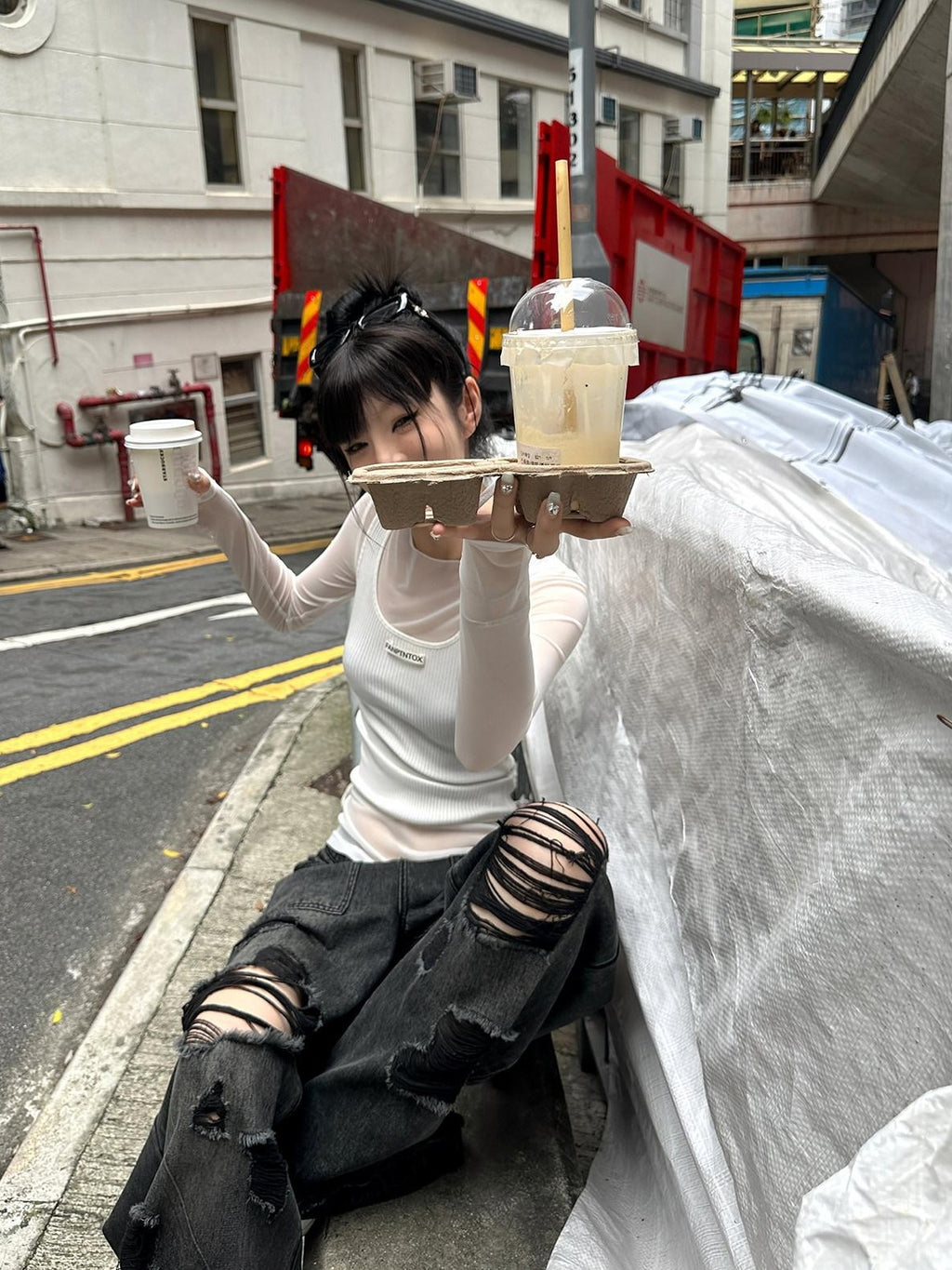 Fanptntox Milk Tea Ribbed Mesh Spliced Faux Two Piece Women's Long Sleeve T-shirts