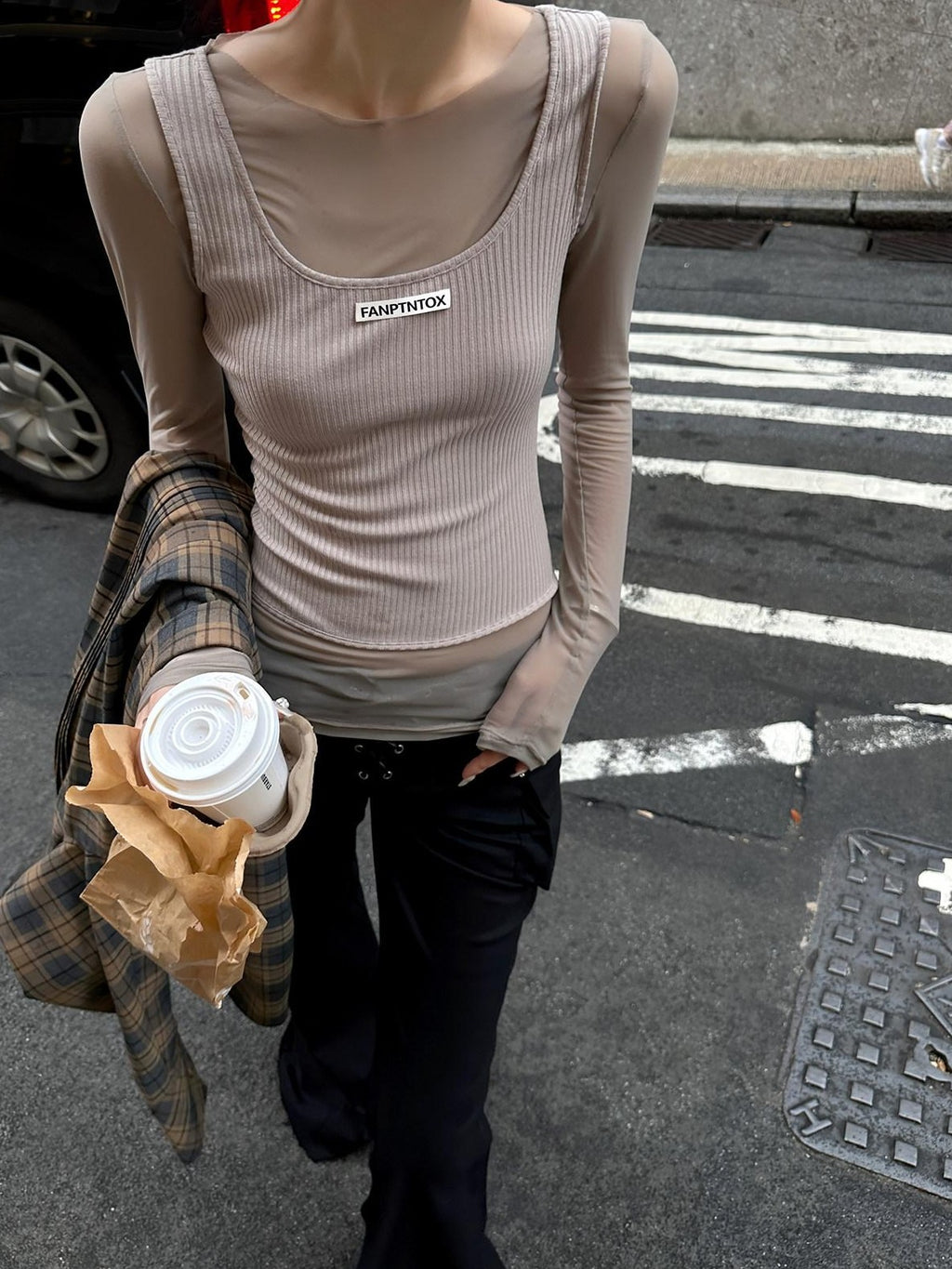 Fanptntox Milk Tea Ribbed Mesh Spliced Faux Two Piece Women's Long Sleeve T-shirts