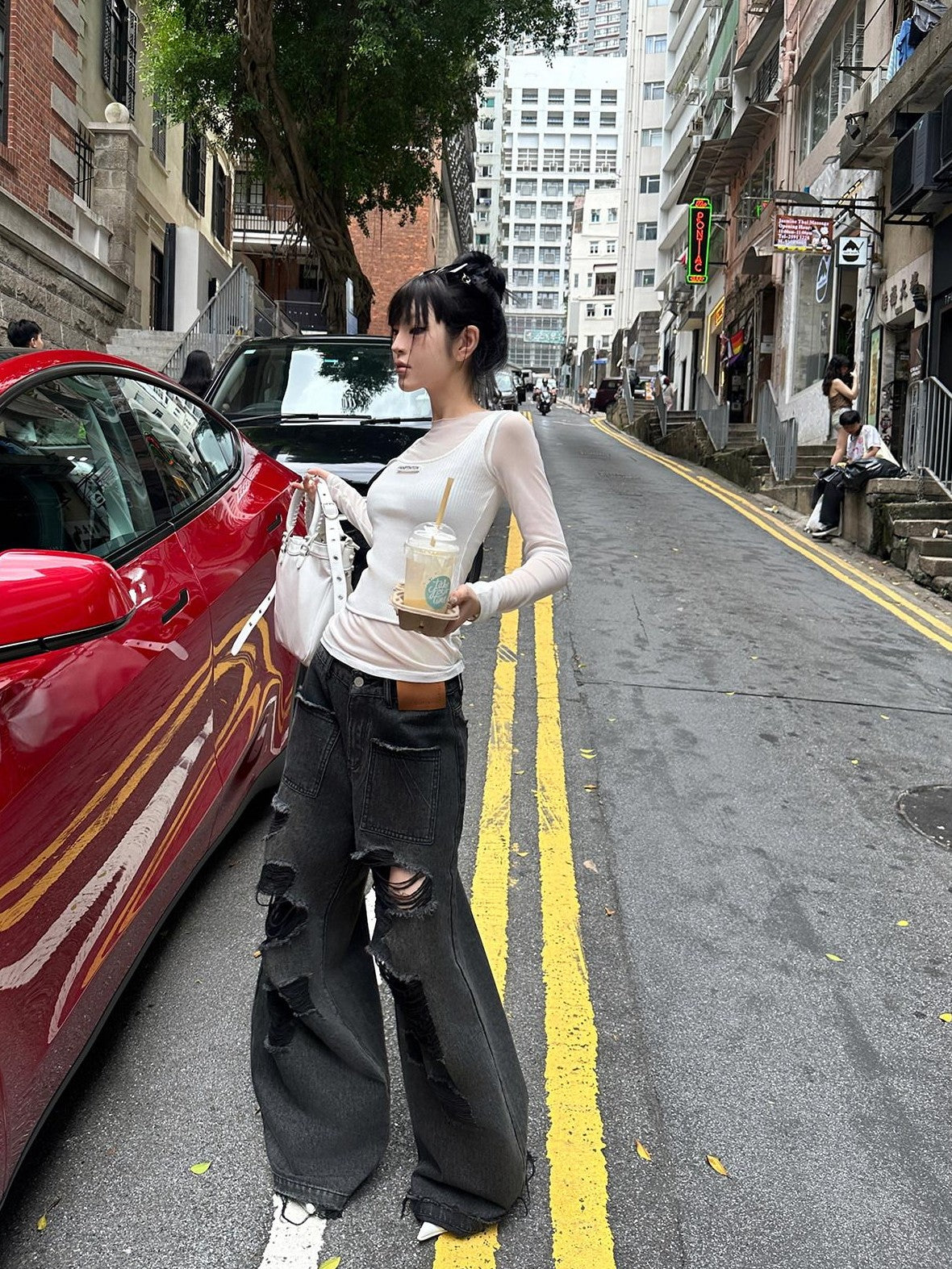 Fanptntox Milk Tea Ribbed Mesh Spliced Faux Two Piece Women's Long Sleeve T-shirts