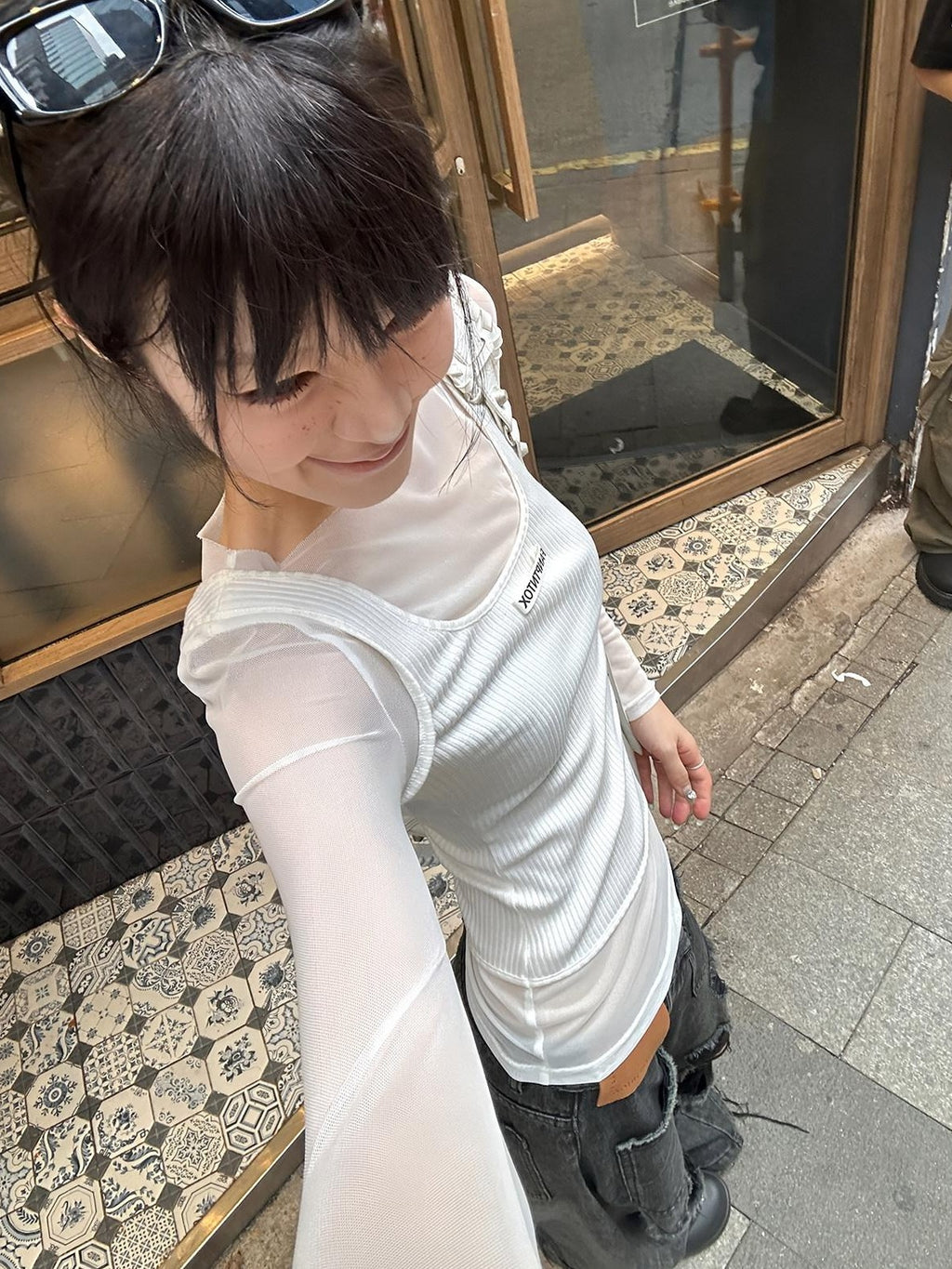 Fanptntox Milk Tea Ribbed Mesh Spliced Faux Two Piece Women's Long Sleeve T-shirts