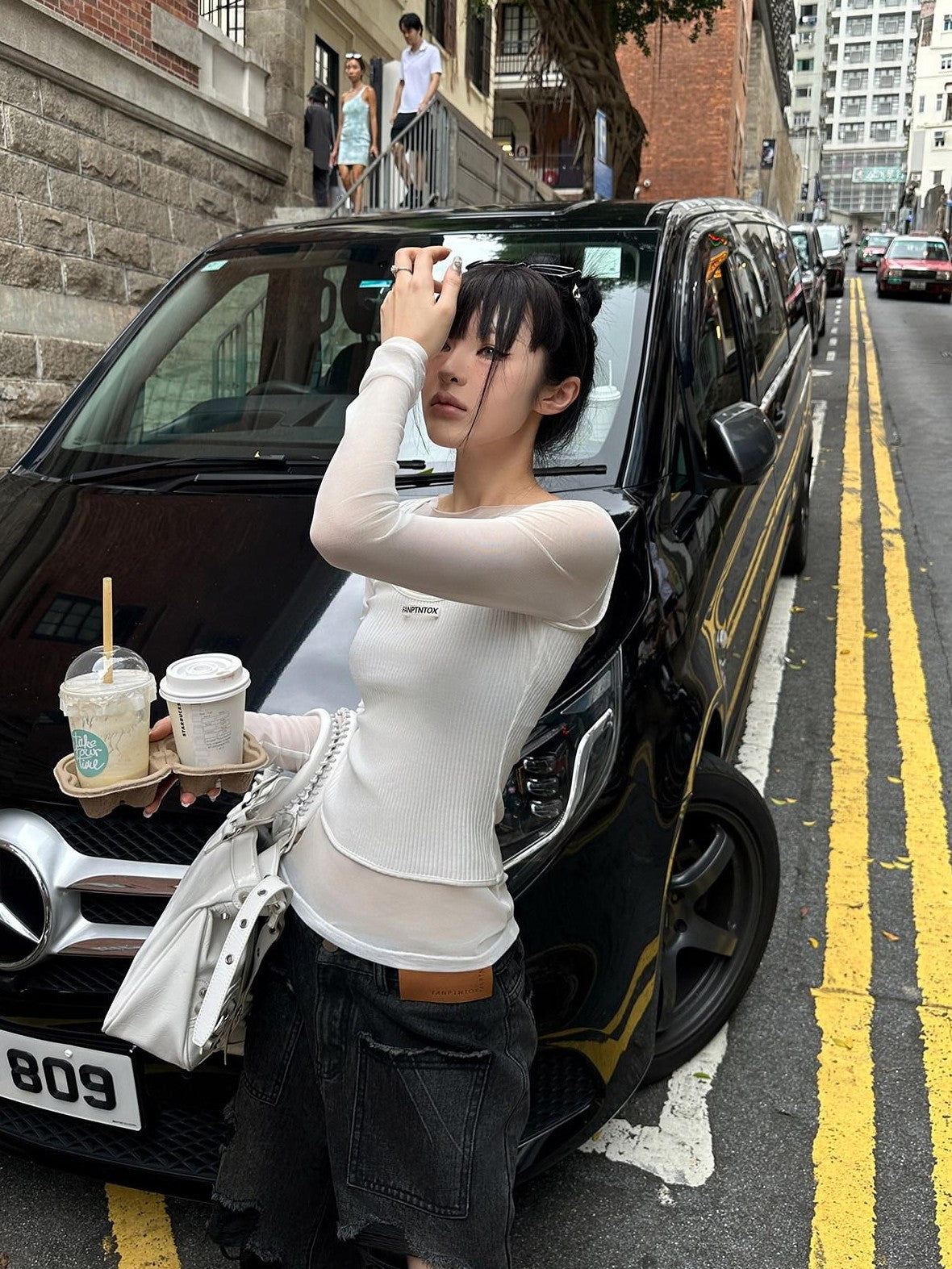 Fanptntox Milk Tea Ribbed Mesh Spliced Faux Two Piece Women's Long Sleeve T-shirts