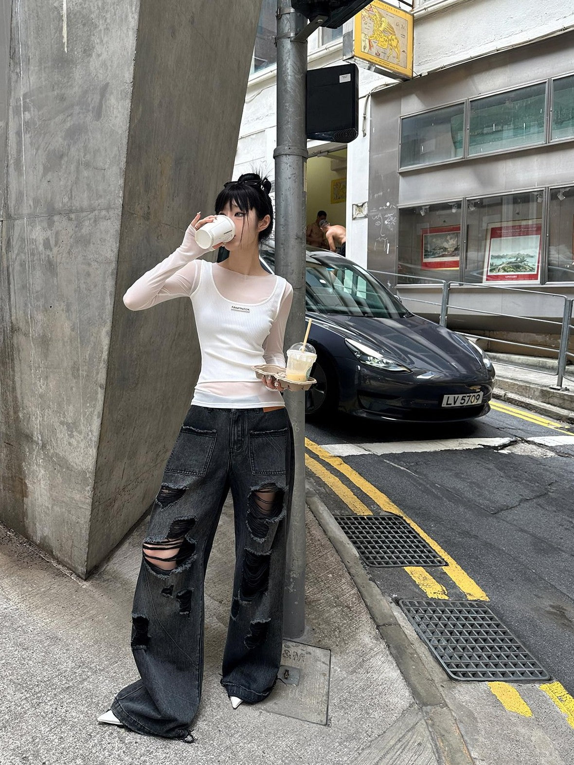 Fanptntox Milk Tea Ribbed Mesh Spliced Faux Two Piece Women's Long Sleeve T-shirts