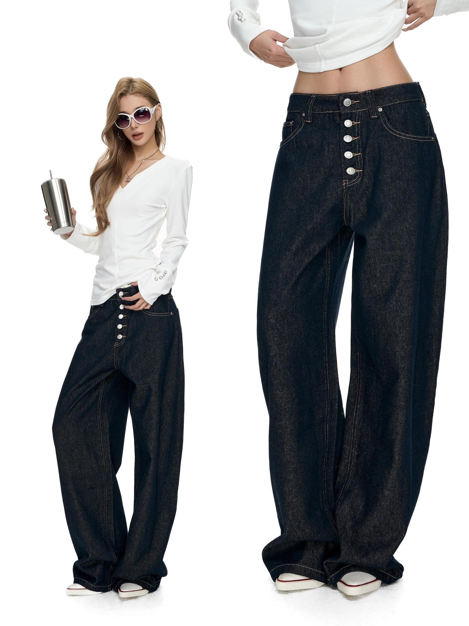Fanptntox Millennial Retro Washed Multi Button Women's Cotton Navy Wide-leg Jeans