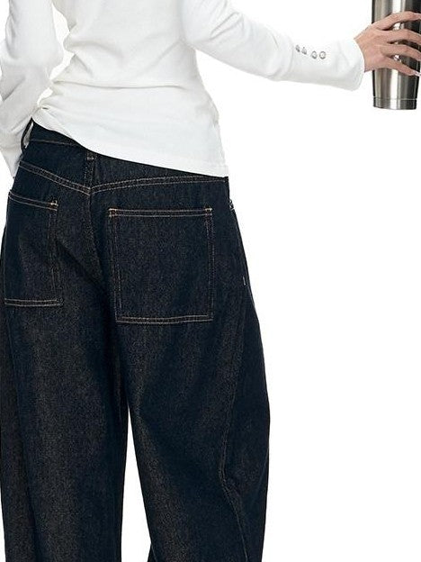 Fanptntox Millennial Retro Washed Multi Button Women's Cotton Navy Wide-leg Jeans