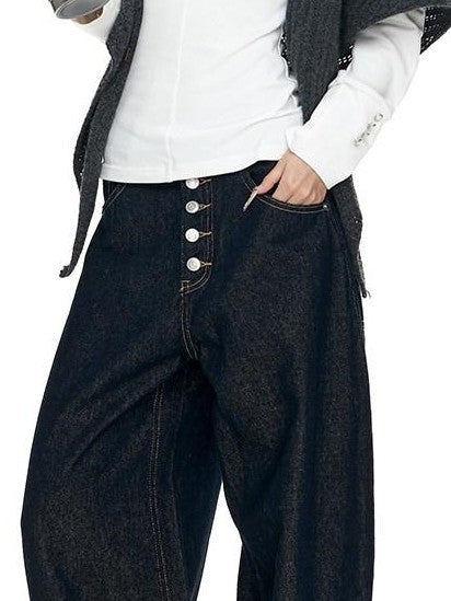 Fanptntox Millennial Retro Washed Multi Button Women's Cotton Navy Wide-leg Jeans