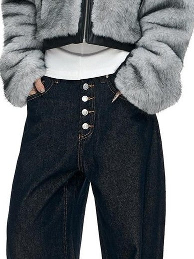 Fanptntox Millennial Retro Washed Multi Button Women's Cotton Navy Wide-leg Jeans