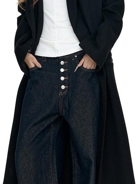 Fanptntox Millennial Retro Washed Multi Button Women's Cotton Navy Wide-leg Jeans