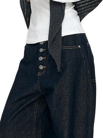 Fanptntox Millennial Retro Washed Multi Button Women's Cotton Navy Wide-leg Jeans