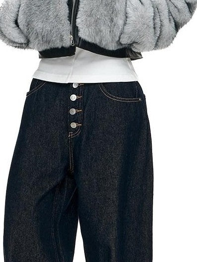 Fanptntox Millennial Retro Washed Multi Button Women's Cotton Navy Wide-leg Jeans