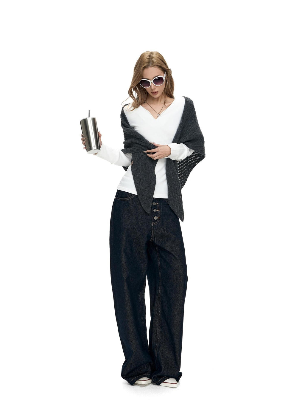 Fanptntox Millennial Retro Washed Multi Button Women's Cotton Navy Wide-leg Jeans