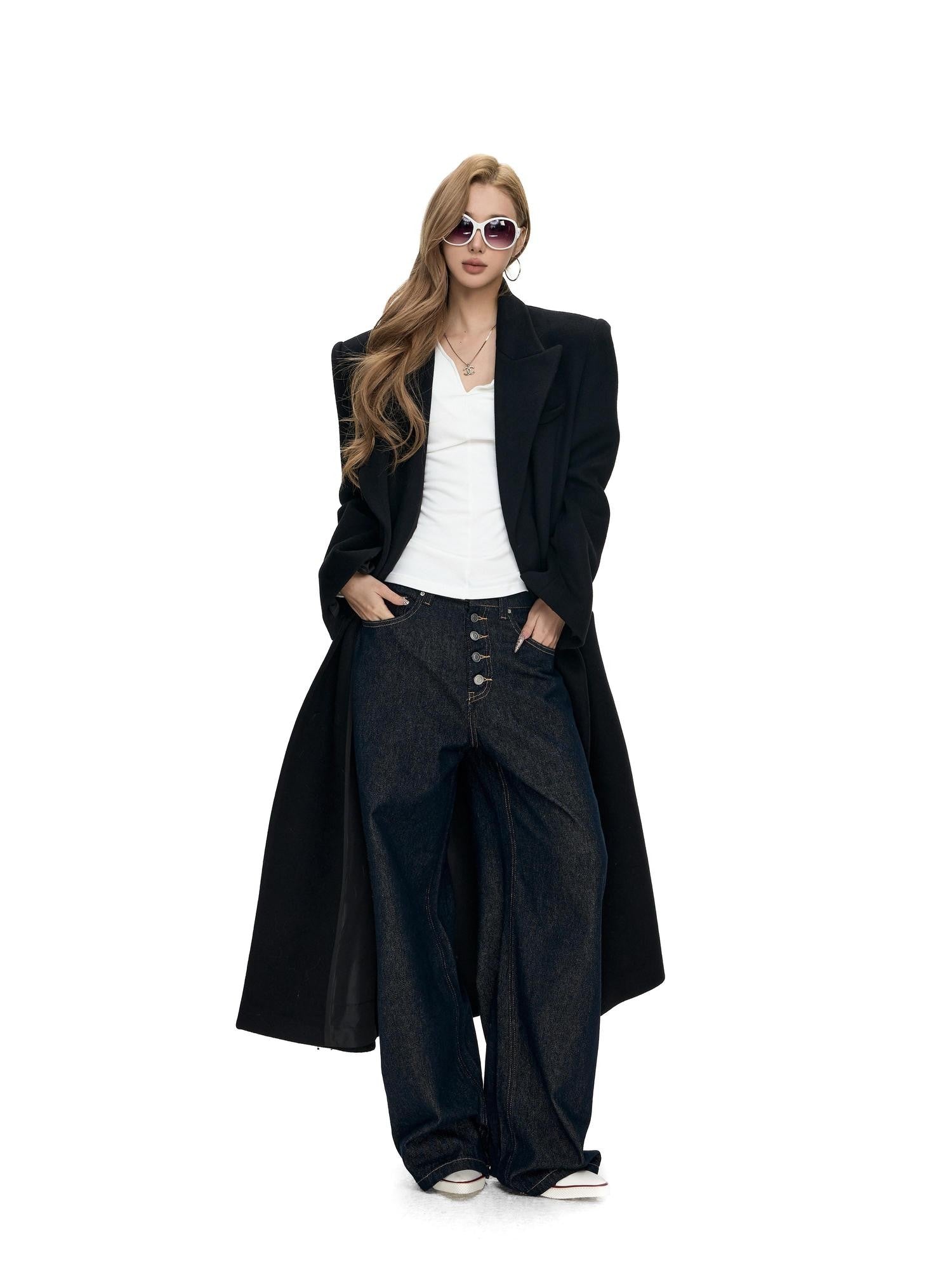 Fanptntox Millennial Retro Washed Multi Button Women's Cotton Navy Wide-leg Jeans