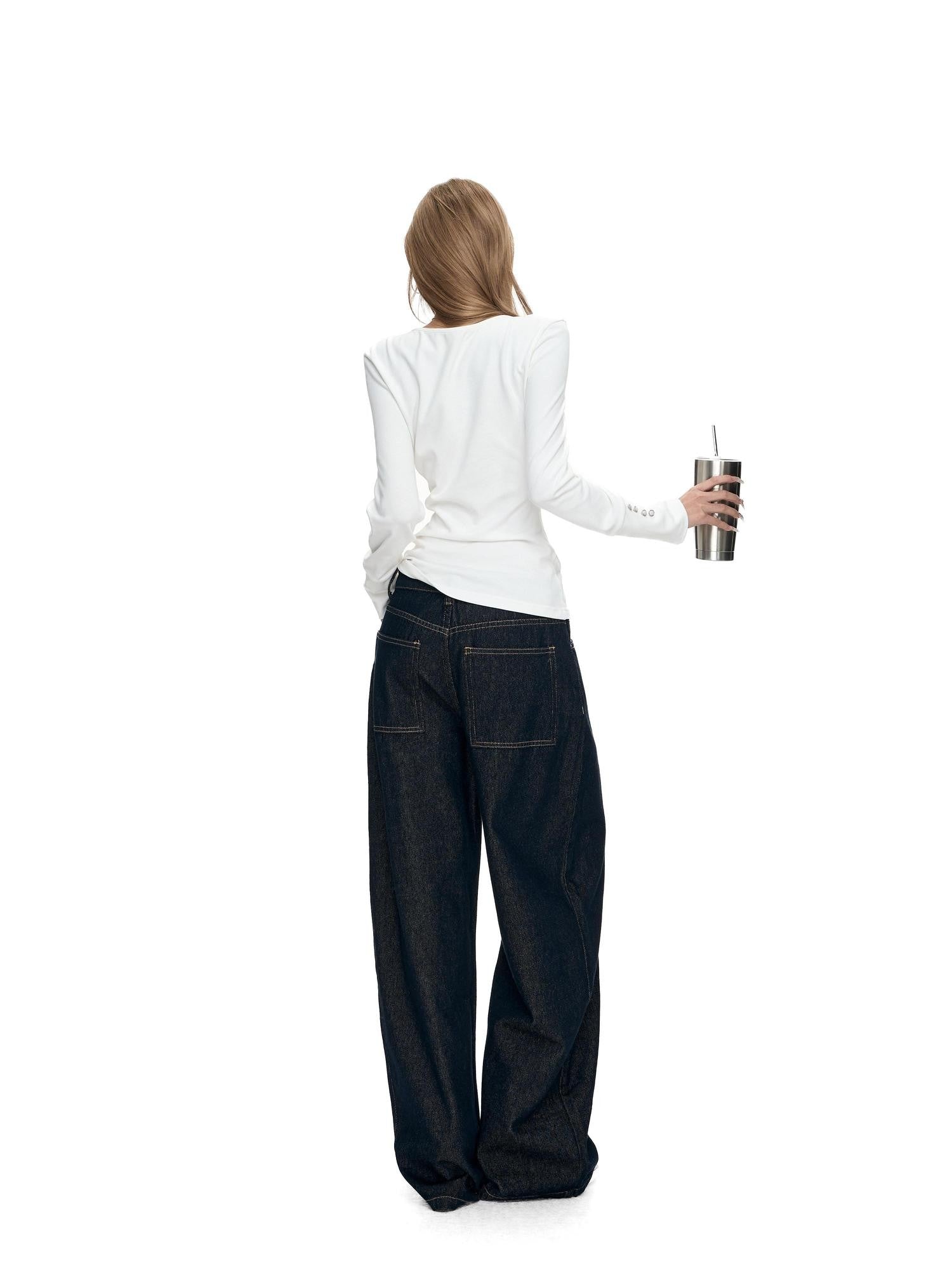 Fanptntox Millennial Retro Washed Multi Button Women's Cotton Navy Wide-leg Jeans
