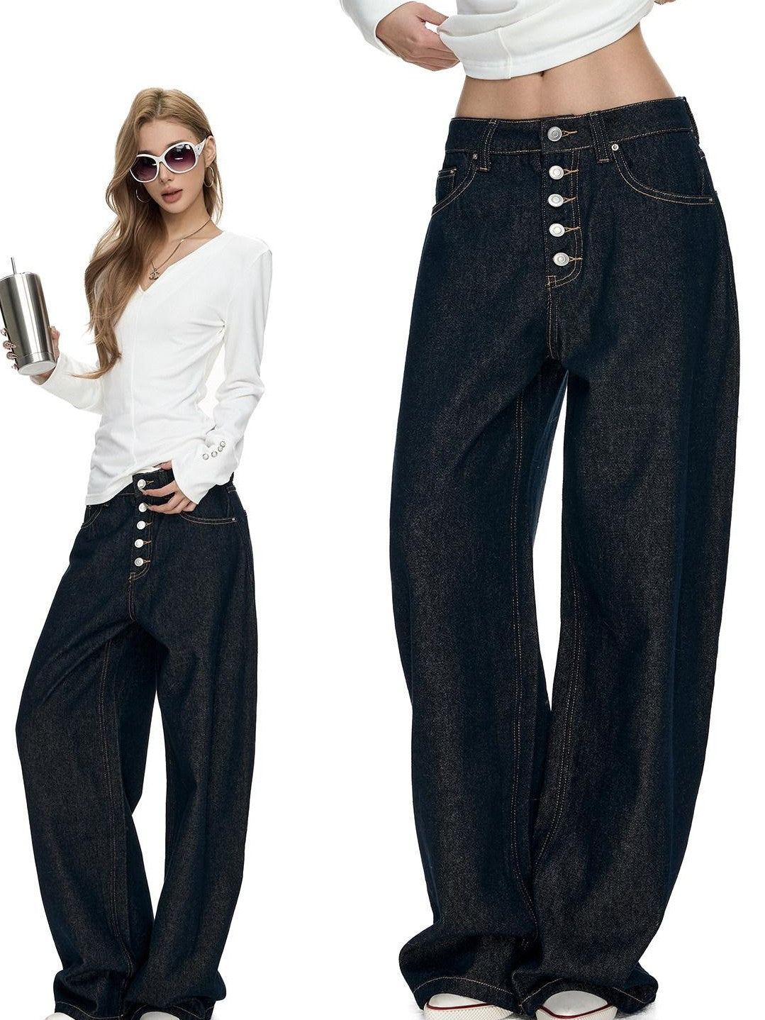 Fanptntox Millennial Retro Washed Multi Button Women's Cotton Navy Wide-leg Jeans