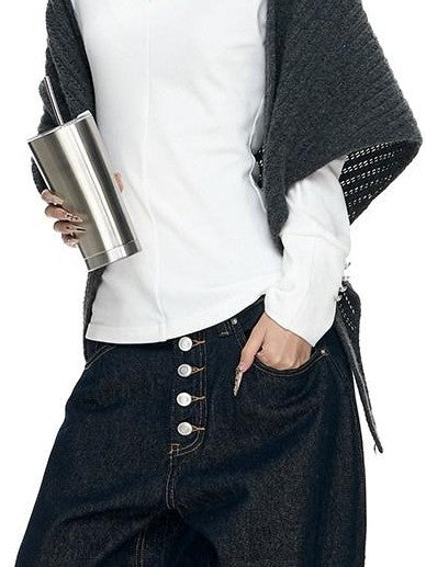 Fanptntox Millennial Retro Washed Multi Button Women's Cotton Navy Wide-leg Jeans