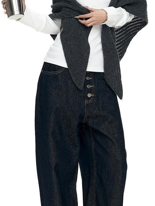 Fanptntox Millennial Retro Washed Multi Button Women's Cotton Navy Wide-leg Jeans