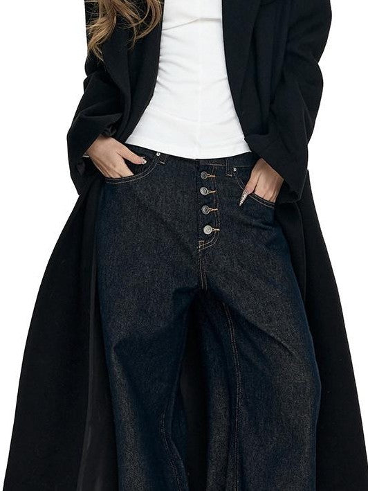 Fanptntox Millennial Retro Washed Multi Button Women's Cotton Navy Wide-leg Jeans