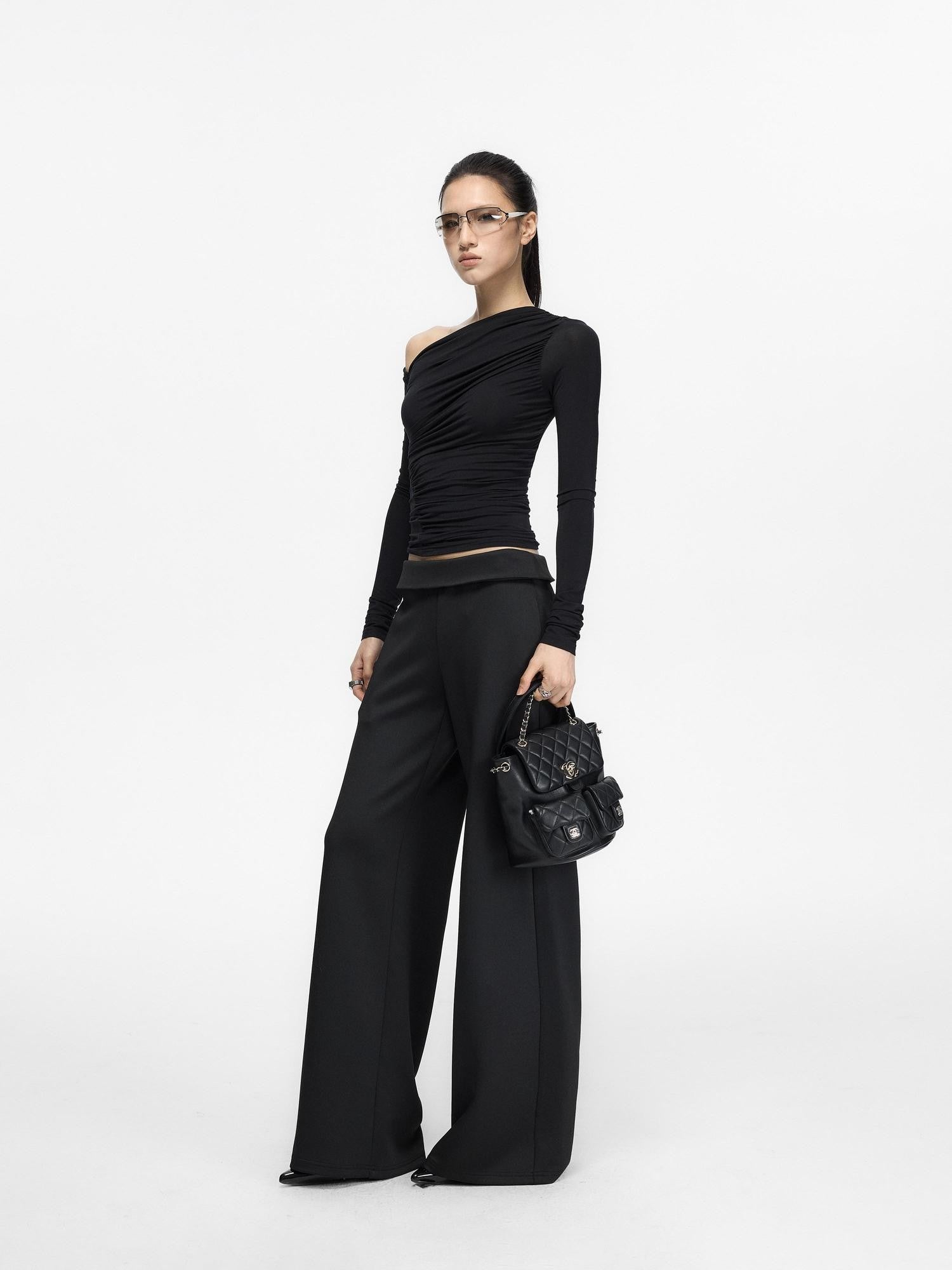 Fanptntox Minimal Waistband Mid High Waist Women's Elastic Knit Straight-leg Pants