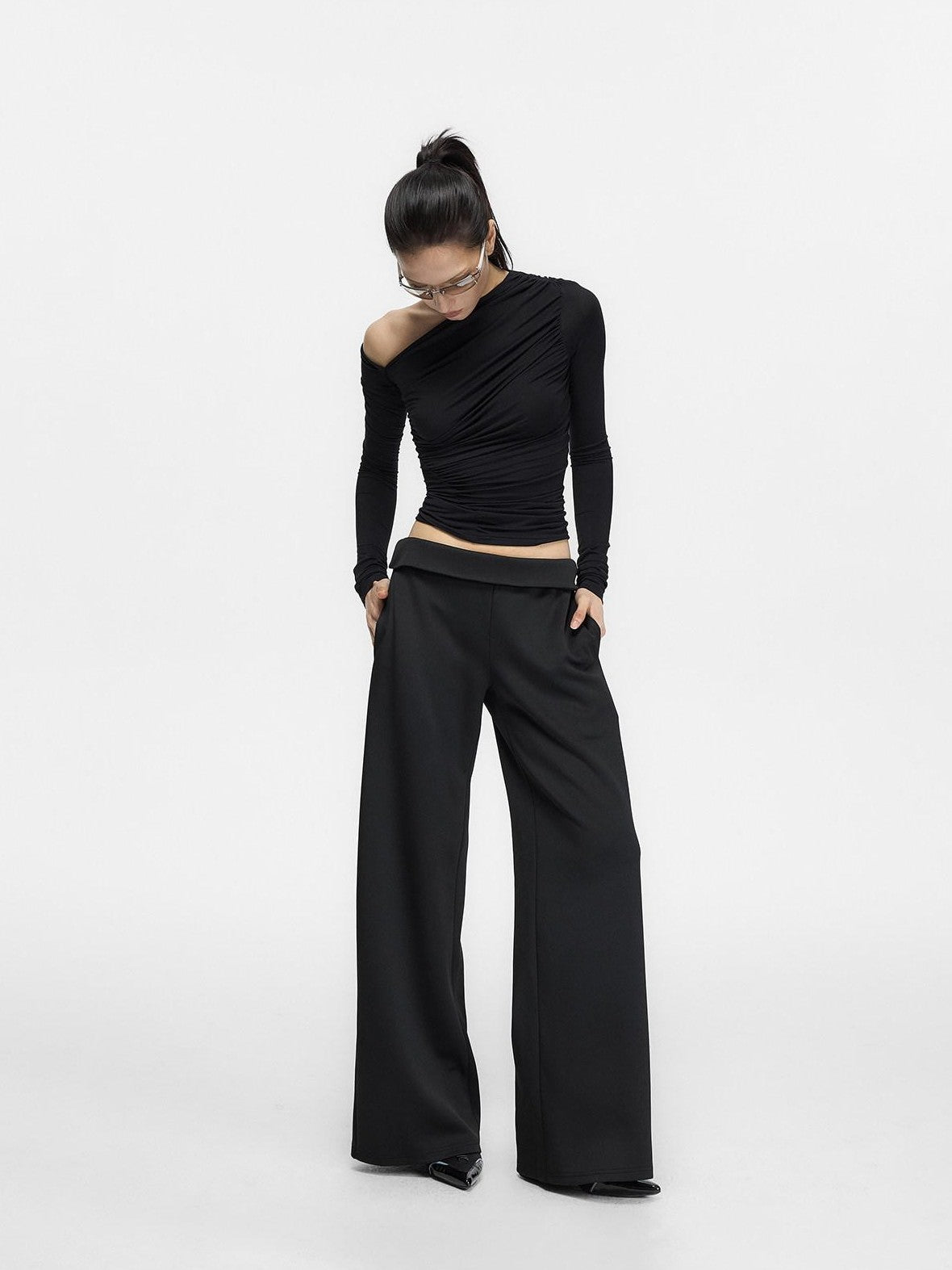 Fanptntox Minimal Waistband Mid High Waist Women's Elastic Knit Straight-leg Pants
