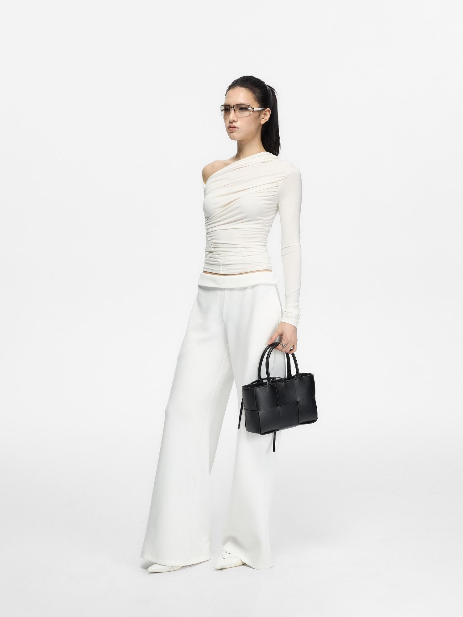 Fanptntox Minimal Waistband Mid High Waist Women's Elastic Knit Straight-leg Pants