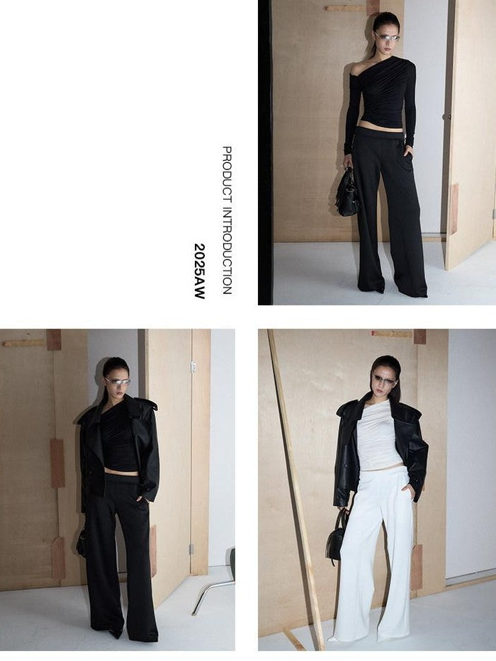 Fanptntox Minimal Waistband Mid High Waist Women's Elastic Knit Straight-leg Pants